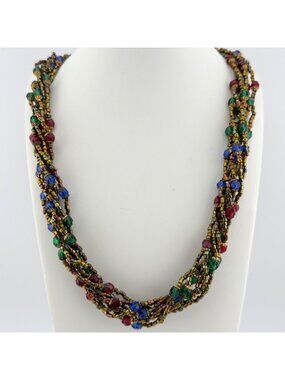 Multicolor Glass Beaded Layered Long Necklace Faceted Metallic 28"